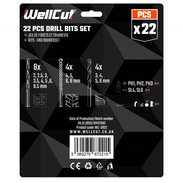 Set biti si burghie 22 piese WellCut WC-DB22 pentru lemn si beton cu caseta